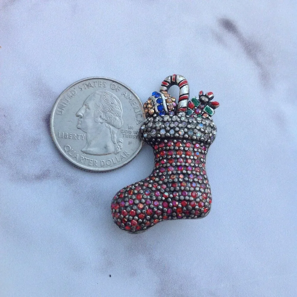 Lia Sophia Pave Crystal CHRISTMAS BROOCH Stocking w Candy + Gifts